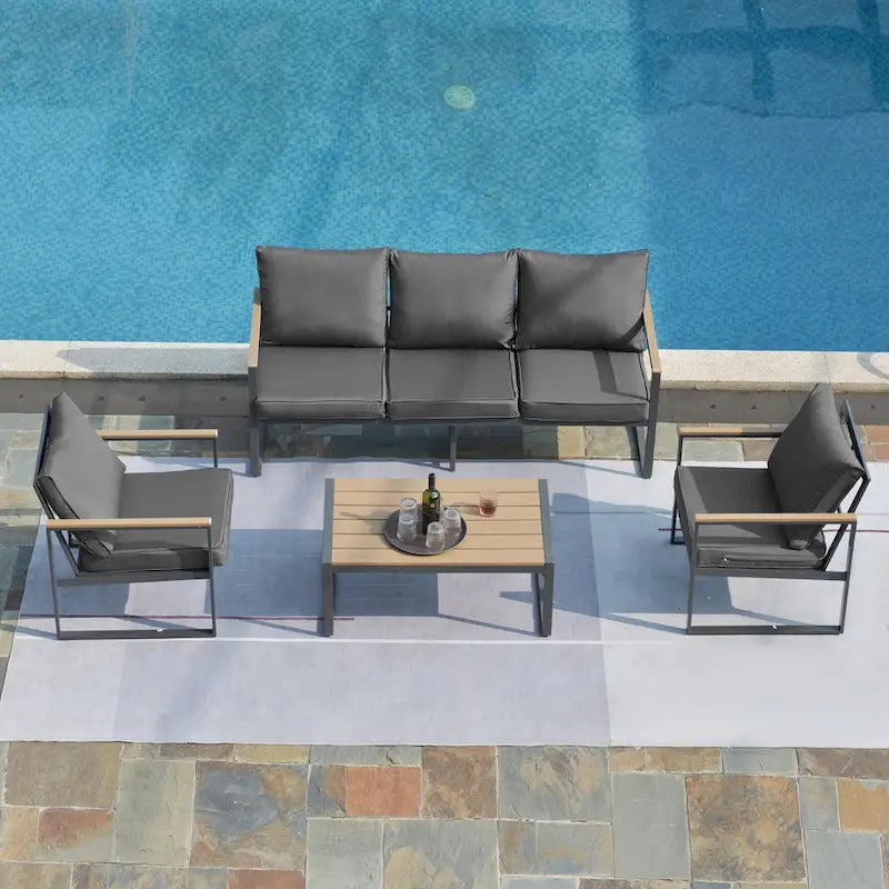 Ensembles de meubles d'extérieur 4 pièces, ensembles de conversation de patio modernes en fer avec canapé et coussin gris, cadre en grain de bois synthétique, table basse