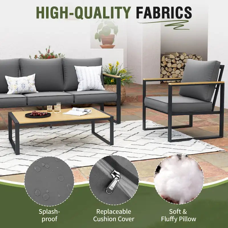 Ensembles de meubles d'extérieur 4 pièces, ensembles de conversation de patio modernes en fer avec canapé et coussin gris, cadre en grain de bois synthétique, table basse