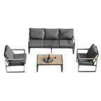Ensembles de meubles d'extérieur 4 pièces, ensembles de conversation de patio modernes en fer avec canapé et coussin gris, cadre en grain de bois synthétique, table basse