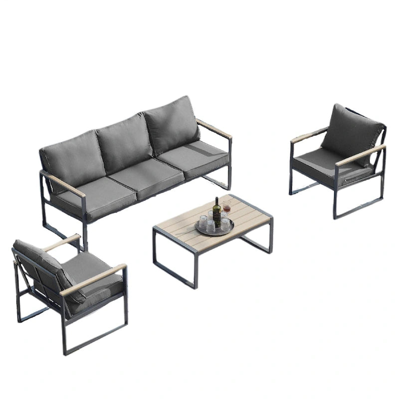 Ensembles de meubles d'extérieur 4 pièces, ensembles de conversation de patio modernes en fer avec canapé et coussin gris, cadre en grain de bois synthétique, table basse