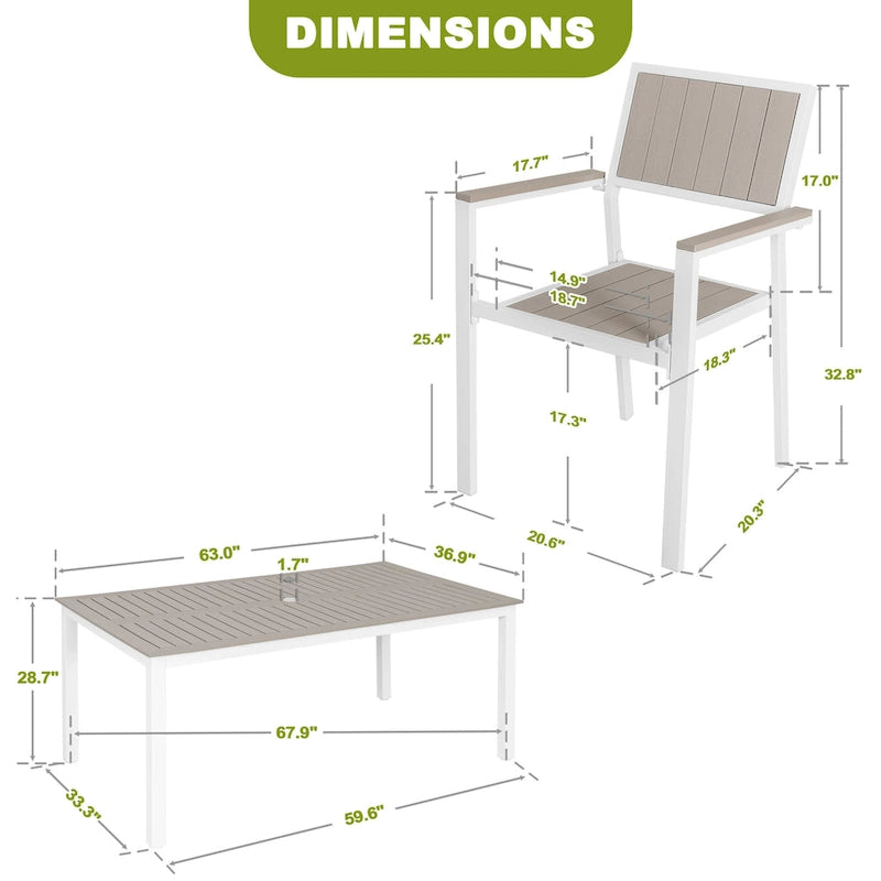 Ensemble repas d'extérieur pour 6, table de patio avec trou pour parasol, conception empilable