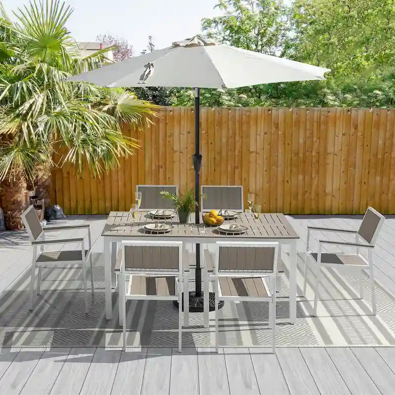 Ensemble repas d'extérieur pour 6, table de patio avec trou pour parasol, conception empilable