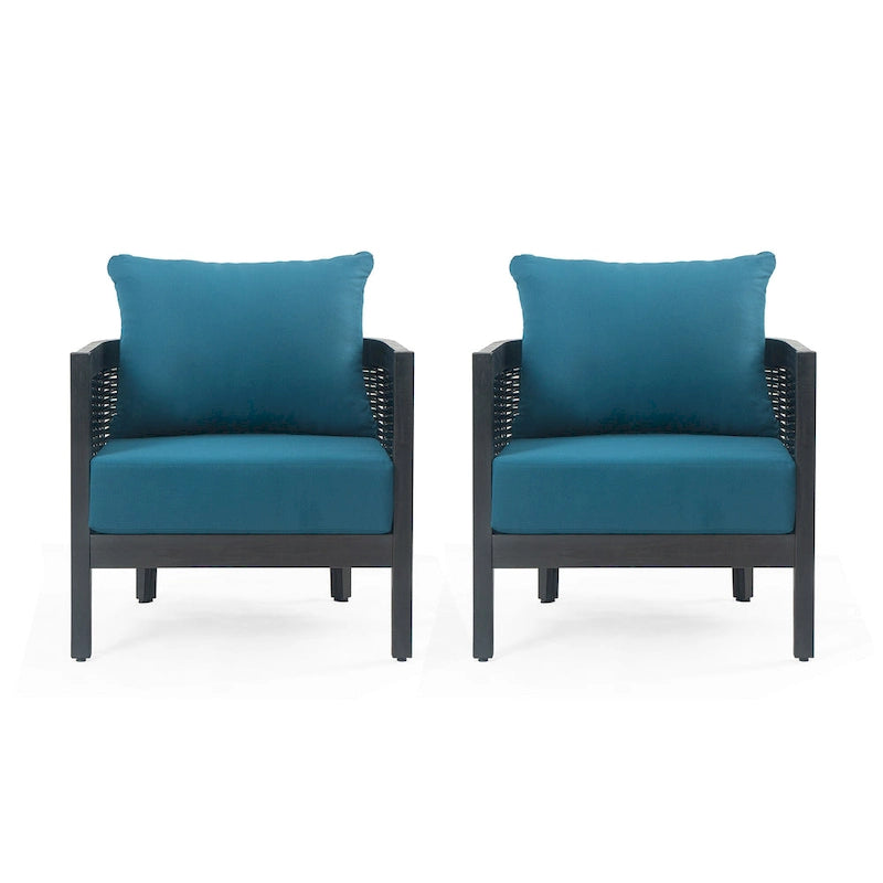 Ensemble de 2 fauteuils de club en osier avec coussins en bois d'acacia pour l'extérieur, sièges de conversation pour patio et jardin