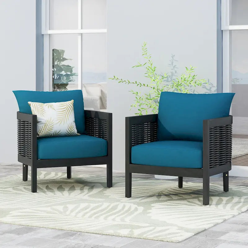 Ensemble de 2 fauteuils de club en osier avec coussins en bois d'acacia pour l'extérieur, sièges de conversation pour patio et jardin