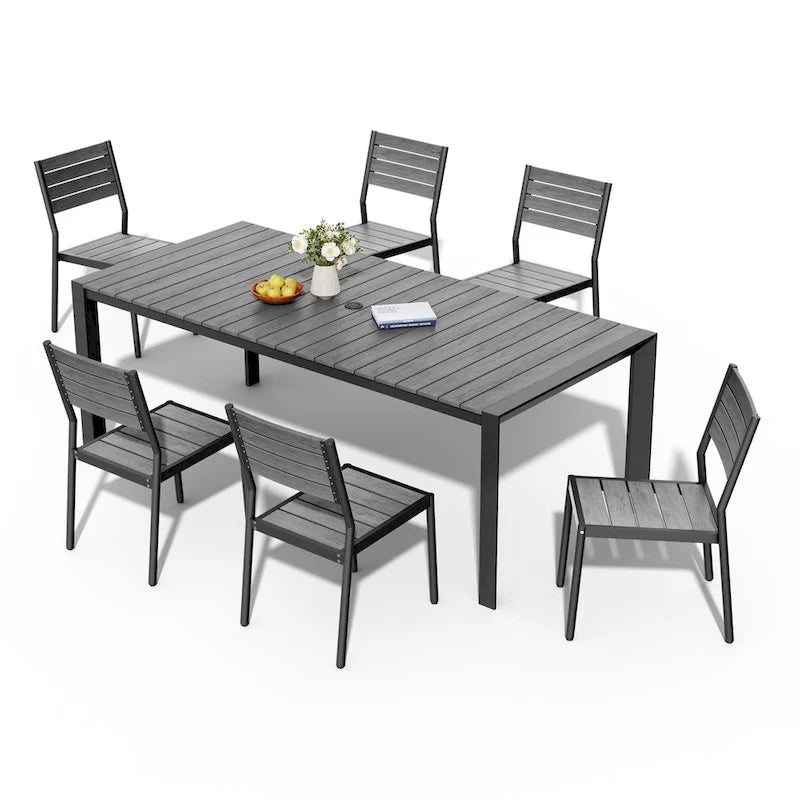 Table de salle à manger extérieure en aluminium 7 pièces avec chaises empilables