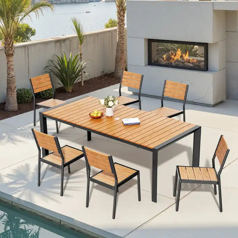 Table de salle à manger extérieure en aluminium 7 pièces avec chaises empilables