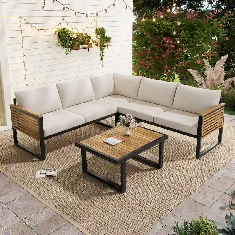 Ensemble de canapé d'angle de terrasse 4 pièces en bois d'acacia et métal pour l'extérieur