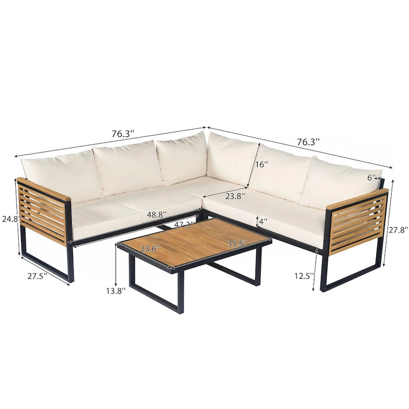 Ensemble de canapé d'angle de terrasse 4 pièces en bois d'acacia et métal pour l'extérieur