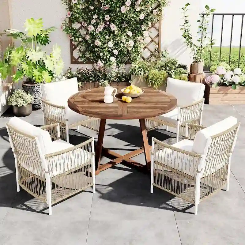 Ensemble de salle à manger en bois 5 pièces pour patio avec rallonge papillon de 30 cm et table ronde pliante