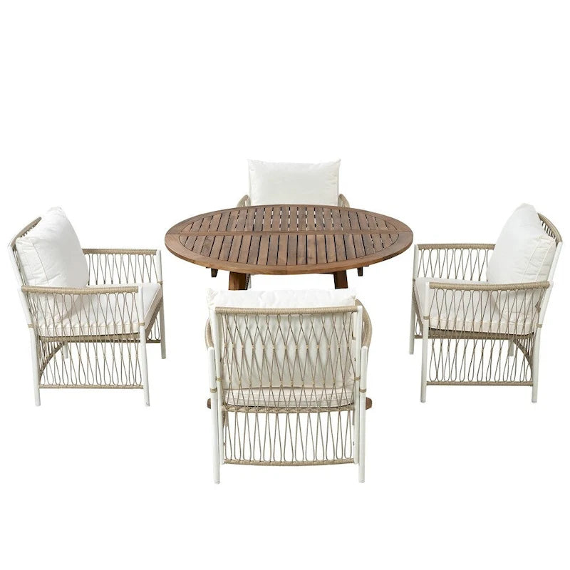 Ensemble de salle à manger en bois 5 pièces pour patio avec rallonge papillon de 30 cm et table ronde pliante