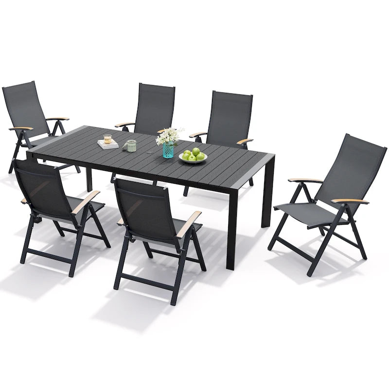 Ensemble de meubles 7 pièces pour terrasse et jardin, table à manger et chaises pliantes