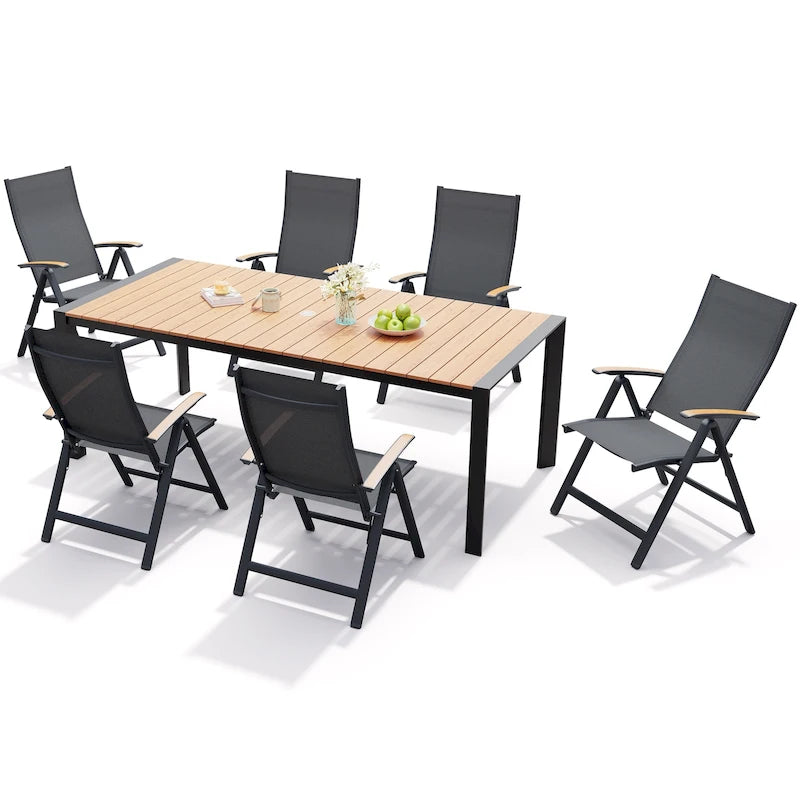 Ensemble de meubles 7 pièces pour terrasse et jardin, table à manger et chaises pliantes