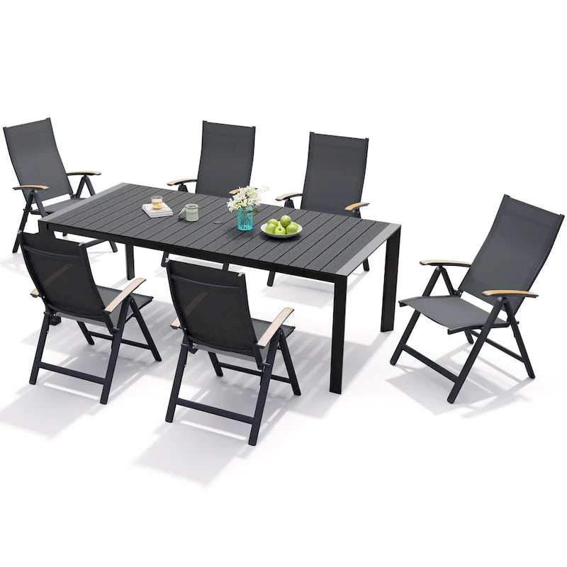 Ensemble de meubles 7 pièces pour terrasse et jardin, table à manger et chaises pliantes