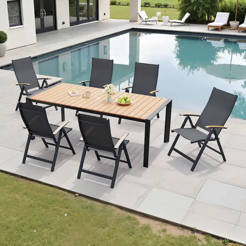 Ensemble de meubles 7 pièces pour terrasse et jardin, table à manger et chaises pliantes