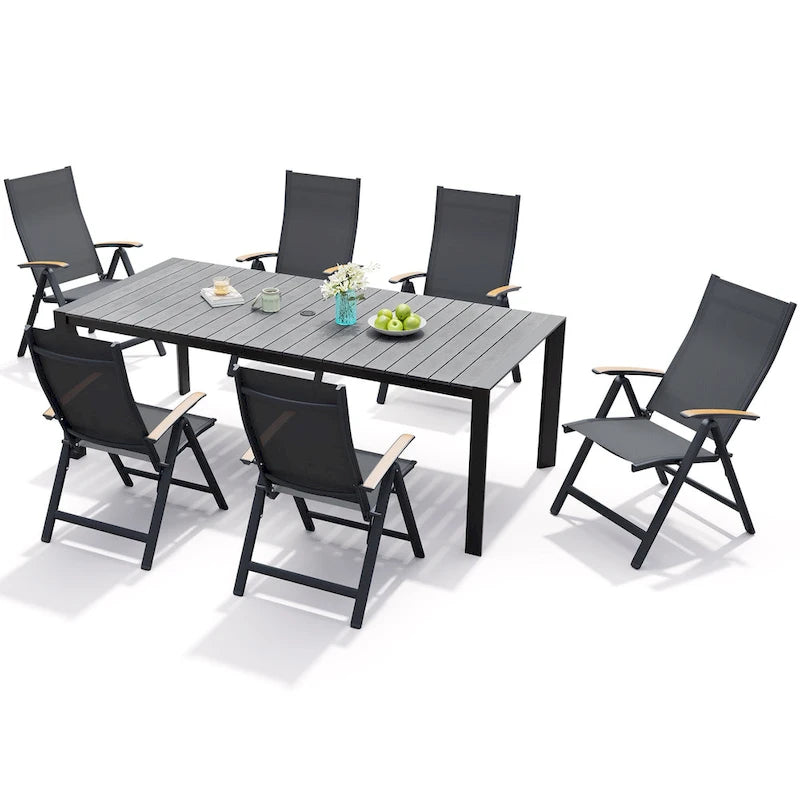 Ensemble de meubles 7 pièces pour terrasse et jardin, table à manger et chaises pliantes