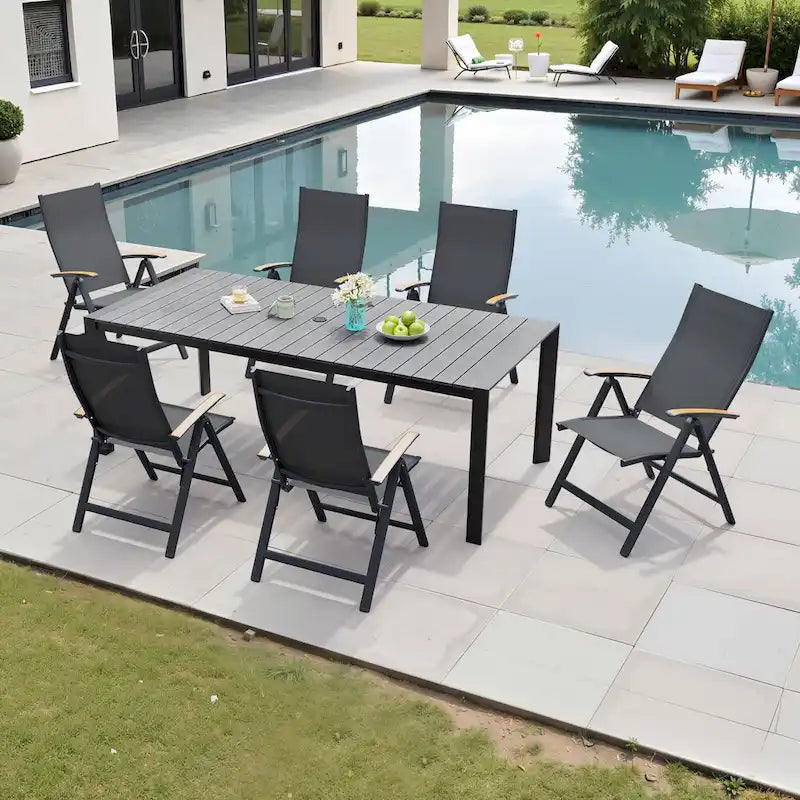 Ensemble de meubles 7 pièces pour terrasse et jardin, table à manger et chaises pliantes