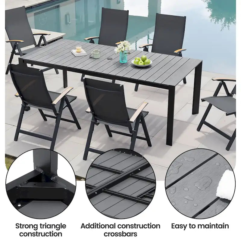Ensemble de meubles 7 pièces pour terrasse et jardin, table à manger et chaises pliantes