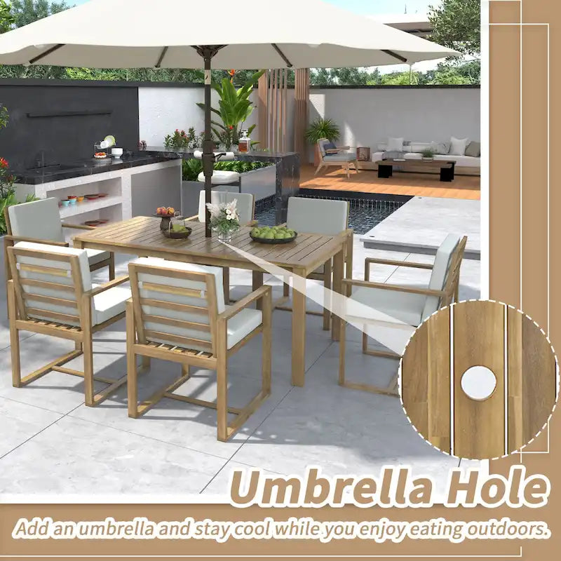 Ensemble de 7 meubles de salle à manger d'extérieur, ensemble de meubles de patio toutes saisons, table à manger avec trou pour parasol et 6 chaises