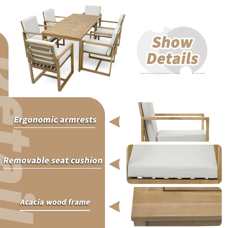 Ensemble de 7 meubles de salle à manger d'extérieur, ensemble de meubles de patio toutes saisons, table à manger avec trou pour parasol et 6 chaises