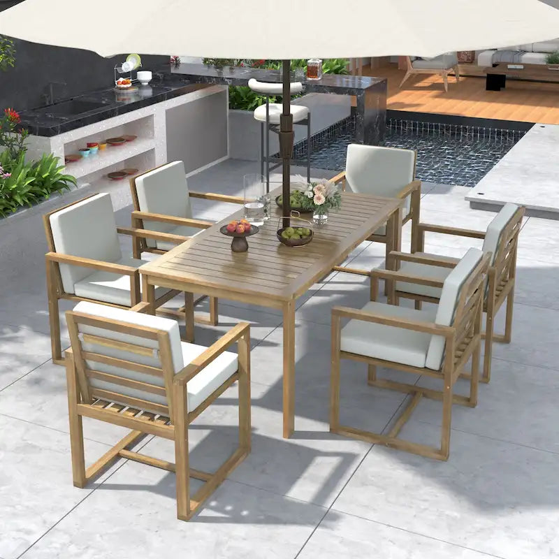 Ensemble de 7 meubles de salle à manger d'extérieur, ensemble de meubles de patio toutes saisons, table à manger avec trou pour parasol et 6 chaises