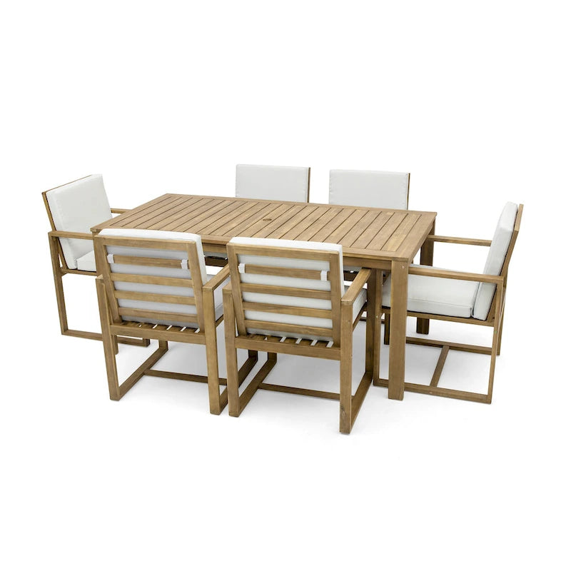 Ensemble de 7 meubles de salle à manger d'extérieur, ensemble de meubles de patio toutes saisons, table à manger avec trou pour parasol et 6 chaises
