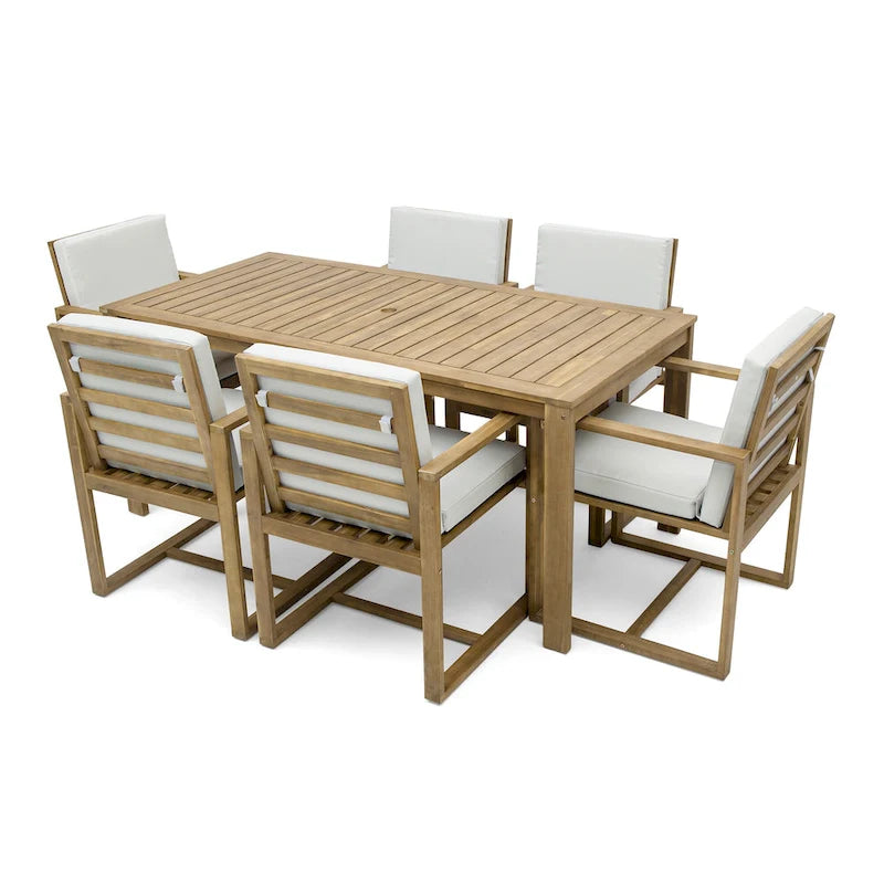Ensemble de 7 meubles de salle à manger d'extérieur, ensemble de meubles de patio toutes saisons, table à manger avec trou pour parasol et 6 chaises