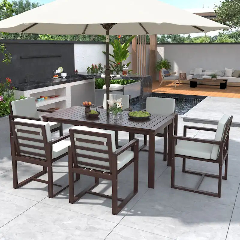 Ensemble de 7 meubles de salle à manger d'extérieur, ensemble de meubles de patio toutes saisons, table à manger avec trou pour parasol et 6 chaises