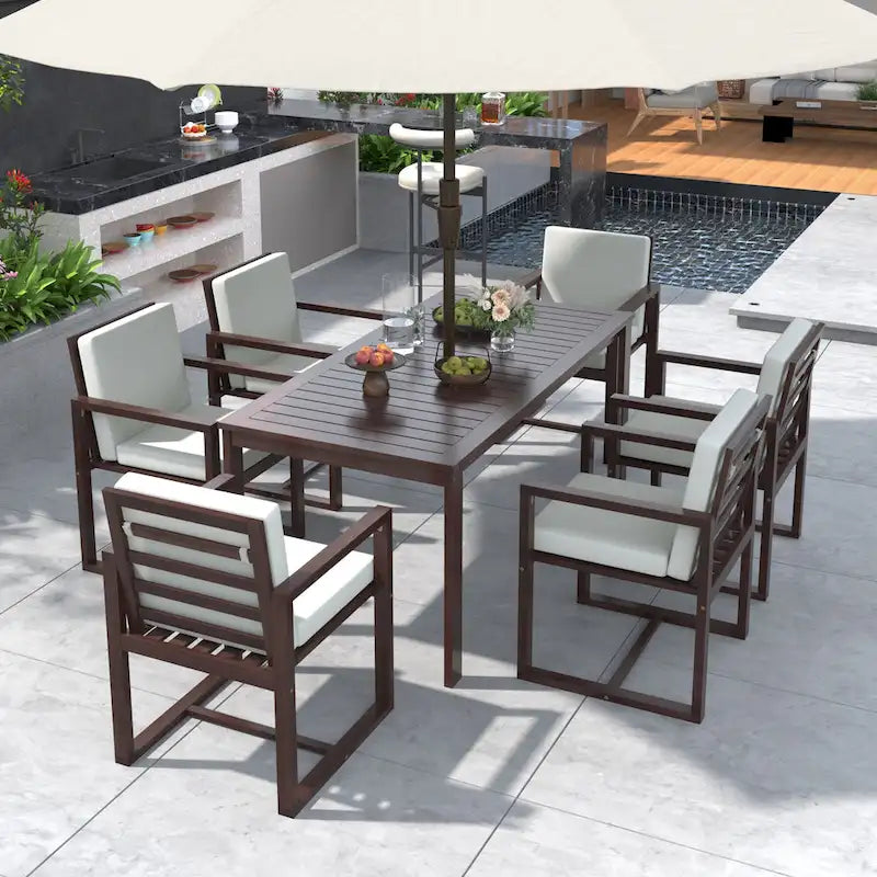 Ensemble de 7 meubles de salle à manger d'extérieur, ensemble de meubles de patio toutes saisons, table à manger avec trou pour parasol et 6 chaises