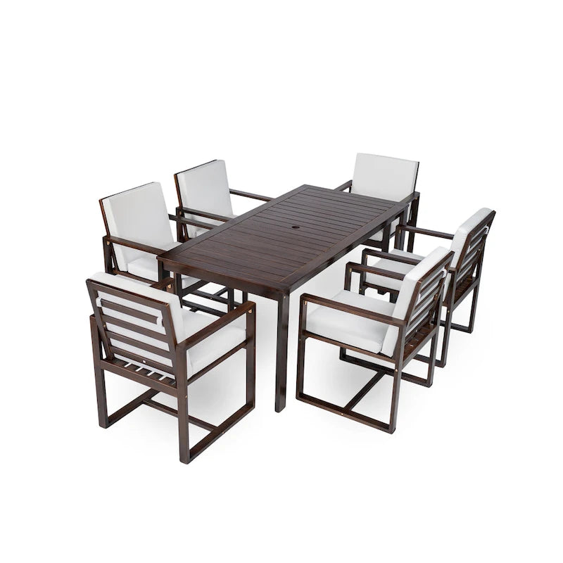 Ensemble de 7 meubles de salle à manger d'extérieur, ensemble de meubles de patio toutes saisons, table à manger avec trou pour parasol et 6 chaises