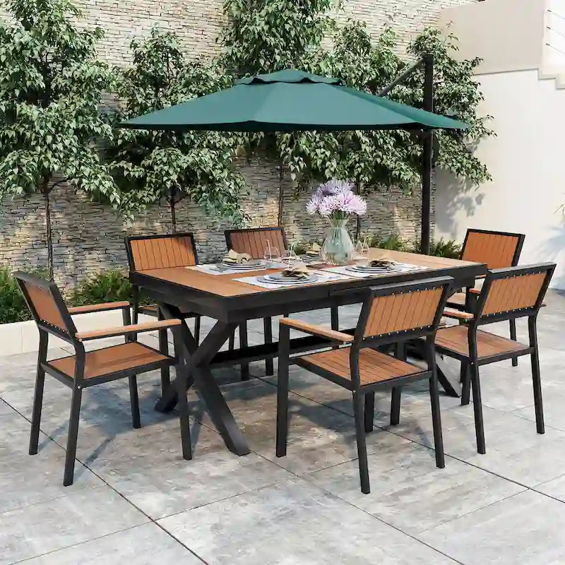 Ensemble de table à manger extensible d'extérieur, ensemble de meubles de patio en bois de 7 pièces avec table à manger rectangulaire et 6 chaises