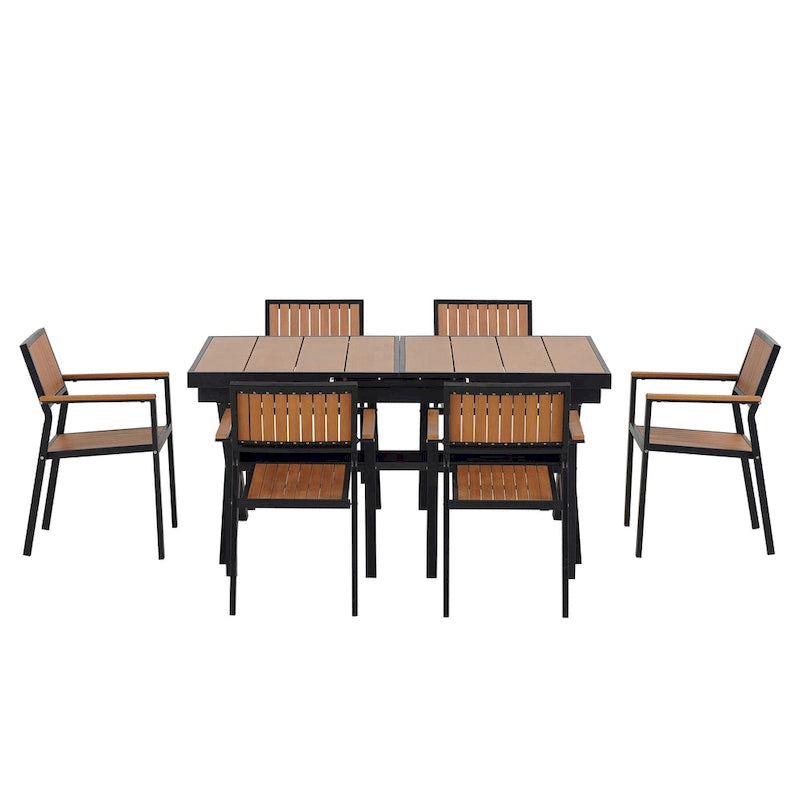Ensemble de table à manger extensible d'extérieur, ensemble de meubles de patio en bois de 7 pièces avec table à manger rectangulaire et 6 chaises