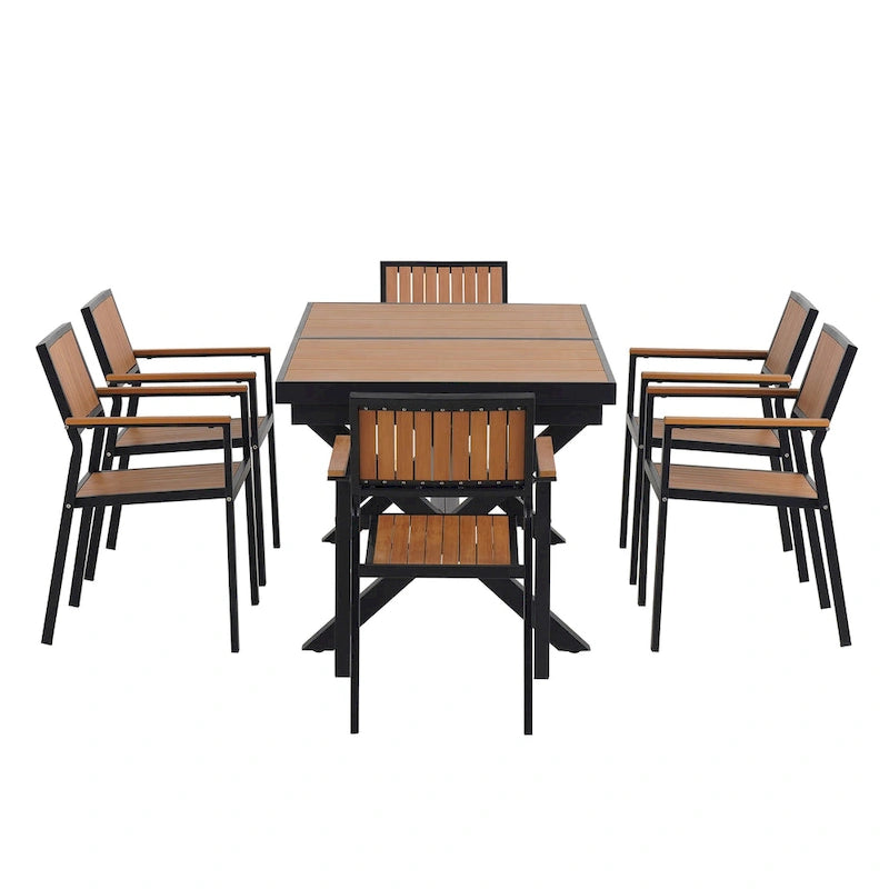 Ensemble de table à manger extensible d'extérieur, ensemble de meubles de patio en bois de 7 pièces avec table à manger rectangulaire et 6 chaises