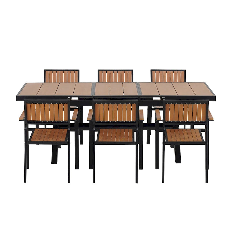 Ensemble de table à manger extensible d'extérieur, ensemble de meubles de patio en bois de 7 pièces avec table à manger rectangulaire et 6 chaises
