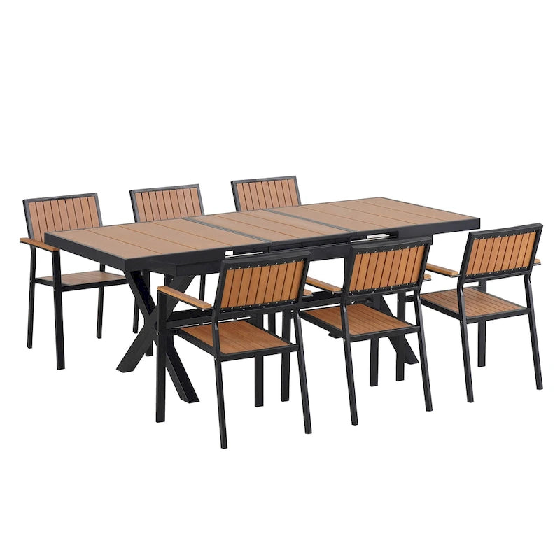Ensemble de table à manger extensible d'extérieur, ensemble de meubles de patio en bois de 7 pièces avec table à manger rectangulaire et 6 chaises
