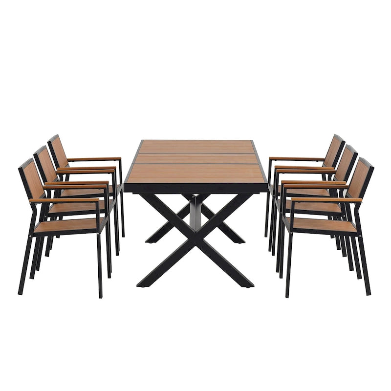 Ensemble de table à manger extensible d'extérieur, ensemble de meubles de patio en bois de 7 pièces avec table à manger rectangulaire et 6 chaises