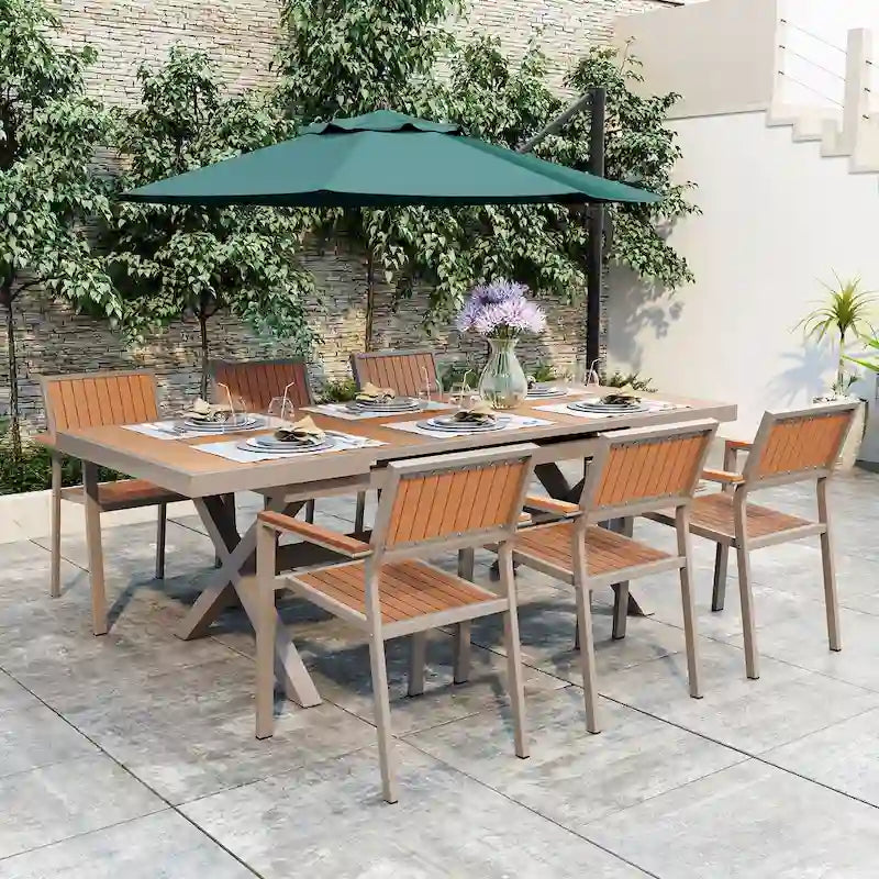 Ensemble de table à manger extensible d'extérieur, ensemble de meubles de patio en bois de 7 pièces avec table à manger rectangulaire et 6 chaises