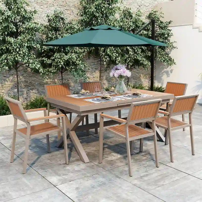 Ensemble de table à manger extensible d'extérieur, ensemble de meubles de patio en bois de 7 pièces avec table à manger rectangulaire et 6 chaises