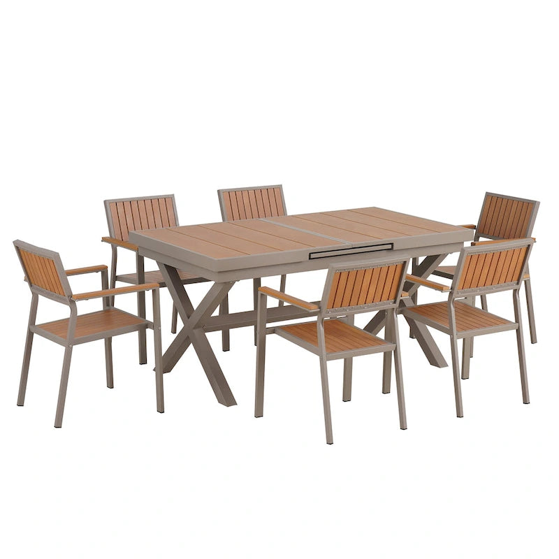 Ensemble de table à manger extensible d'extérieur, ensemble de meubles de patio en bois de 7 pièces avec table à manger rectangulaire et 6 chaises