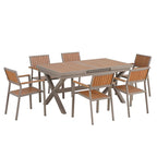 Ensemble de table à manger extensible d'extérieur, ensemble de meubles de patio en bois de 7 pièces avec table à manger rectangulaire et 6 chaises
