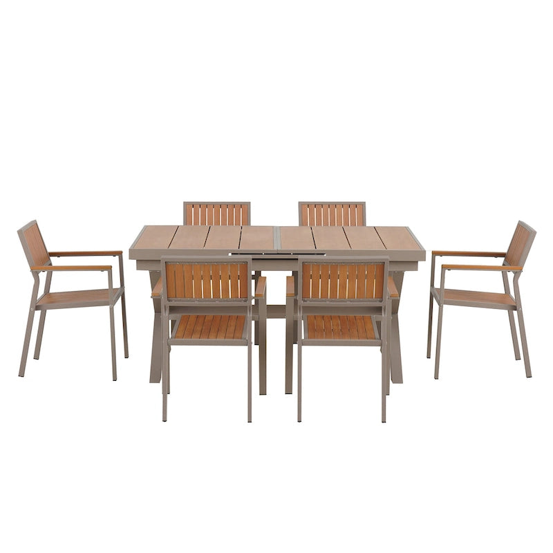 Ensemble de table à manger extensible d'extérieur, ensemble de meubles de patio en bois de 7 pièces avec table à manger rectangulaire et 6 chaises
