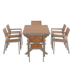 Ensemble de table à manger extensible d'extérieur, ensemble de meubles de patio en bois de 7 pièces avec table à manger rectangulaire et 6 chaises
