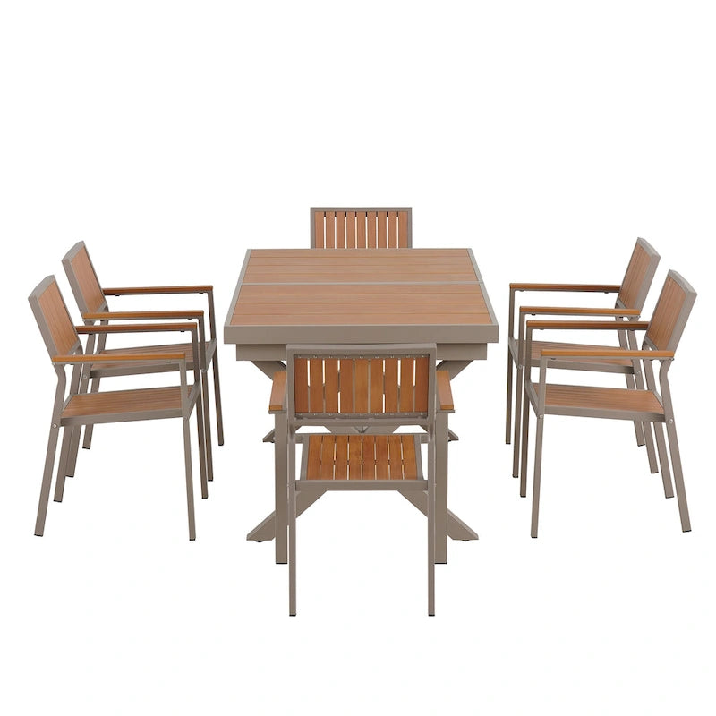 Ensemble de table à manger extensible d'extérieur, ensemble de meubles de patio en bois de 7 pièces avec table à manger rectangulaire et 6 chaises