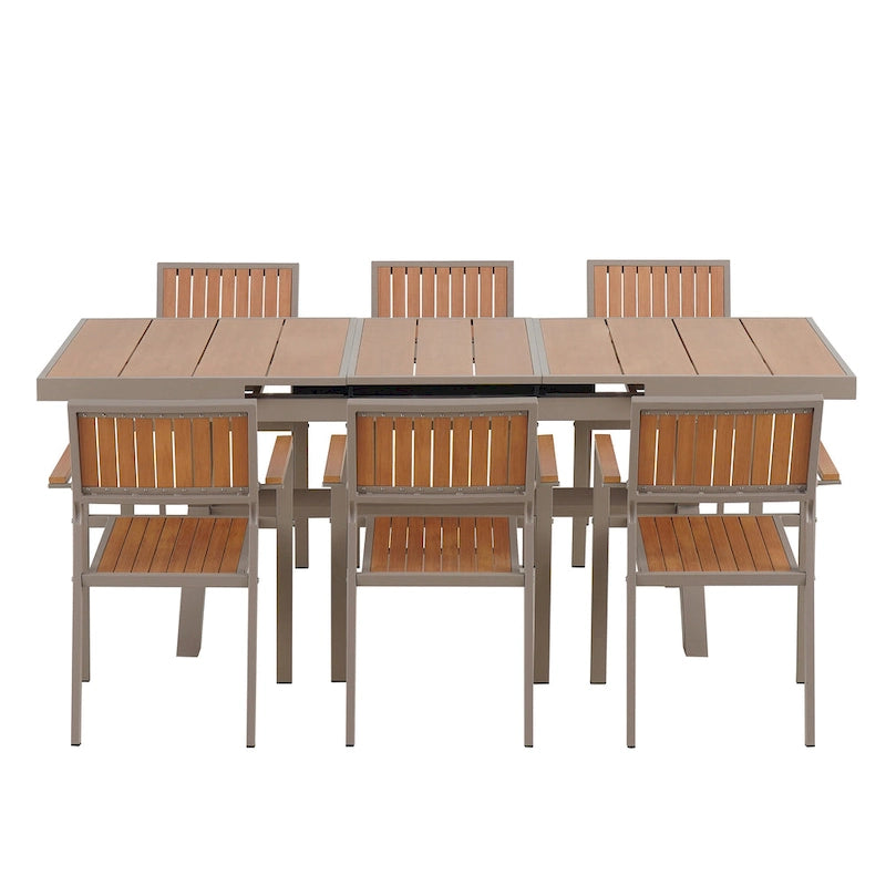 Ensemble de table à manger extensible d'extérieur, ensemble de meubles de patio en bois de 7 pièces avec table à manger rectangulaire et 6 chaises