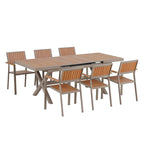 Ensemble de table à manger extensible d'extérieur, ensemble de meubles de patio en bois de 7 pièces avec table à manger rectangulaire et 6 chaises