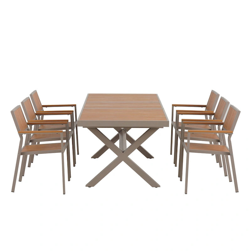 Ensemble de table à manger extensible d'extérieur, ensemble de meubles de patio en bois de 7 pièces avec table à manger rectangulaire et 6 chaises