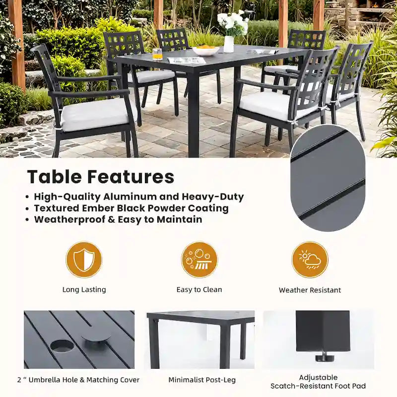 Ensemble de salle à manger d'extérieur 7 pièces, mobilier de terrasse tout temps avec table rectangulaire, 4 chaises fixes, 2 fauteuils pivotants à bascule