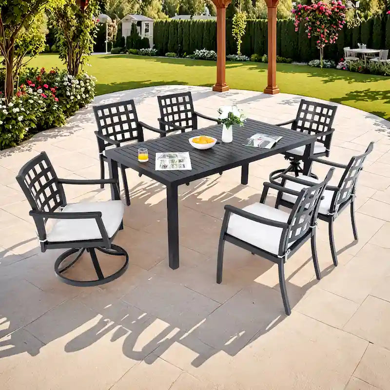 Ensemble de salle à manger d'extérieur 7 pièces, mobilier de terrasse tout temps avec table rectangulaire, 4 chaises fixes, 2 fauteuils pivotants à bascule