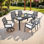 Ensemble de salle à manger d'extérieur 7 pièces, mobilier de terrasse tout temps avec table rectangulaire, 4 chaises fixes, 2 fauteuils pivotants à bascule