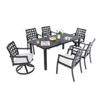 Ensemble de salle à manger d'extérieur 7 pièces, mobilier de terrasse tout temps avec table rectangulaire, 4 chaises fixes, 2 fauteuils pivotants à bascule