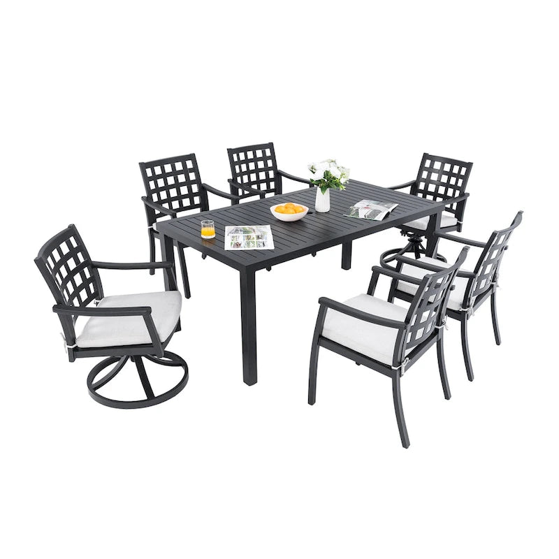 Ensemble de salle à manger d'extérieur 7 pièces, mobilier de terrasse tout temps avec table rectangulaire, 4 chaises fixes, 2 fauteuils pivotants à bascule